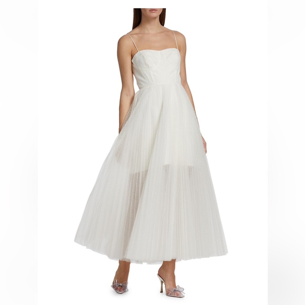 White Monique Lhuillier bridal dress. Pleated Tulle Midi-Dress.